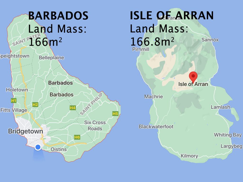 Map comparison of Barbados and the Isle of Arran in Scotland