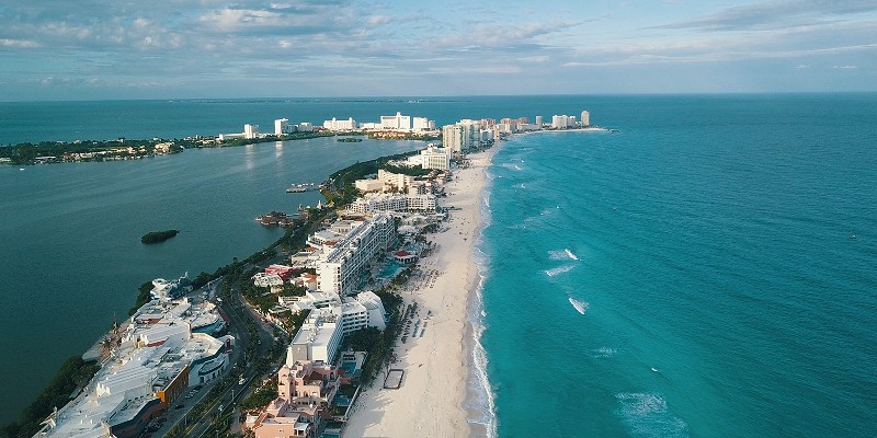 Aerial shot of the Hotel Zone in Cancun
