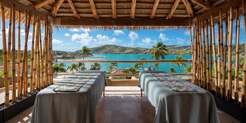 View of Mamora Bay beach from the spa treatment room