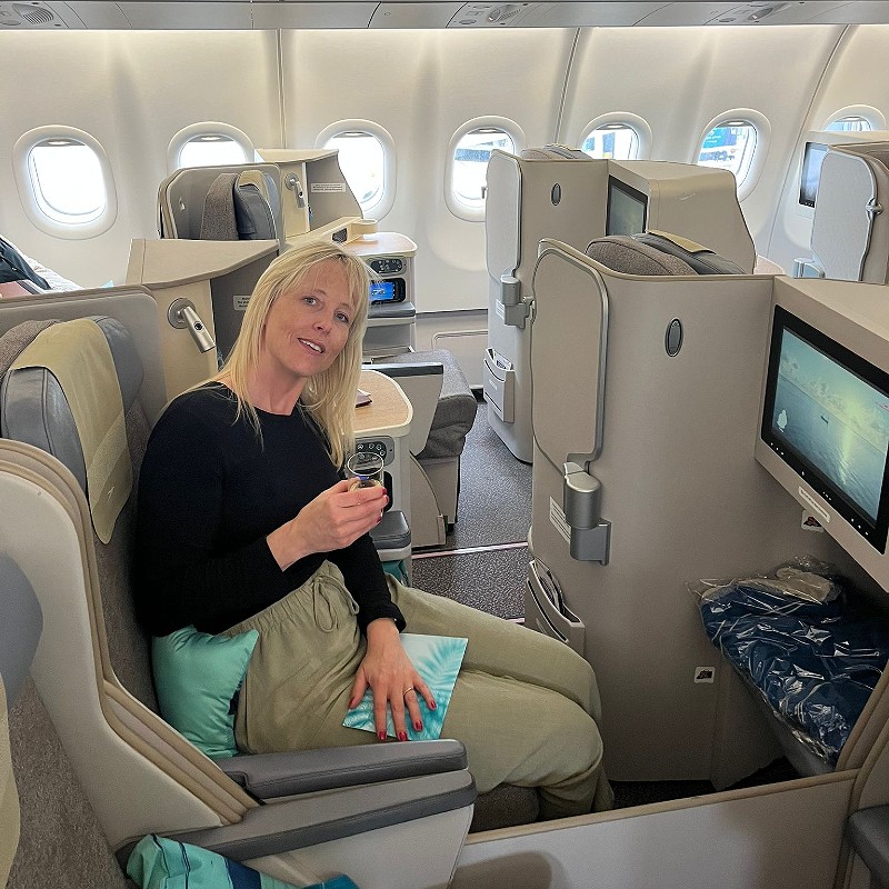 Kerry flying business class onboard an Air Mauritius flight